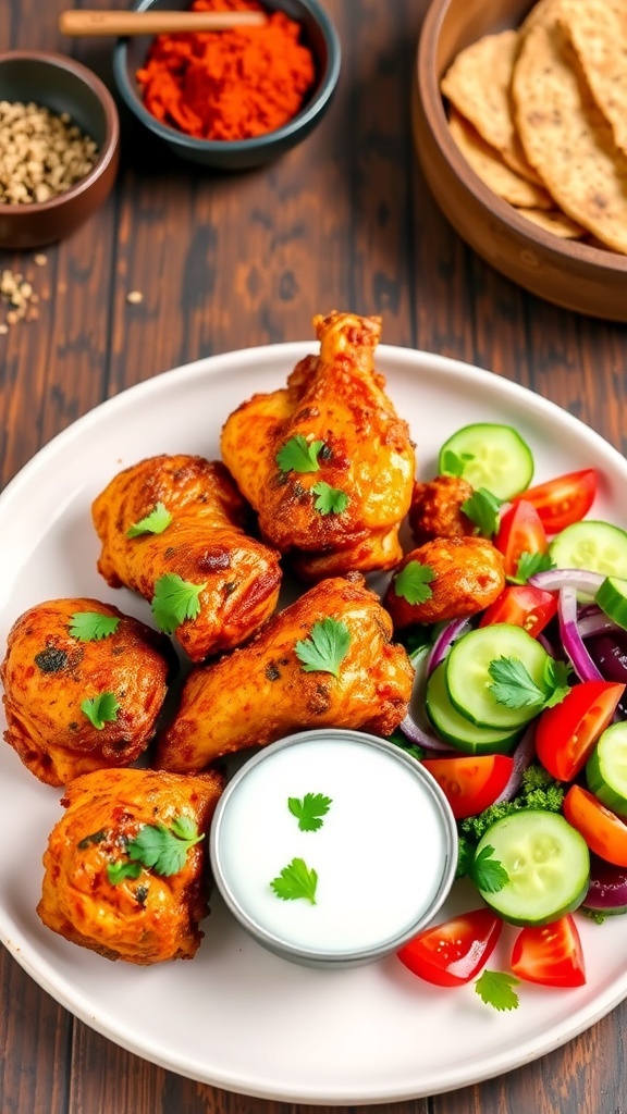 Spicy air fryer Indian chicken garnished with cilantro, served with yogurt sauce and salad on a rustic table.